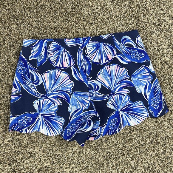 Lilly Pulitzer Adelia Scuba Shorts Blue Pink Swim Water Stretch Scallop Size S - Picture 3 of 10